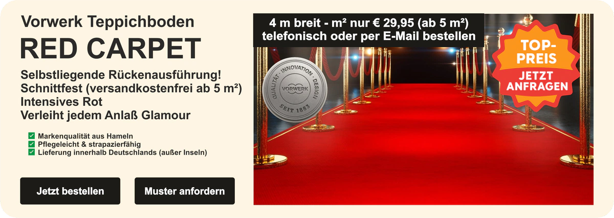 „Vorwerk Red Carpet Teppichboden in intensivem Rot, selbstliegend, 4 m breit, pflegeleicht und strapazierfähig.“